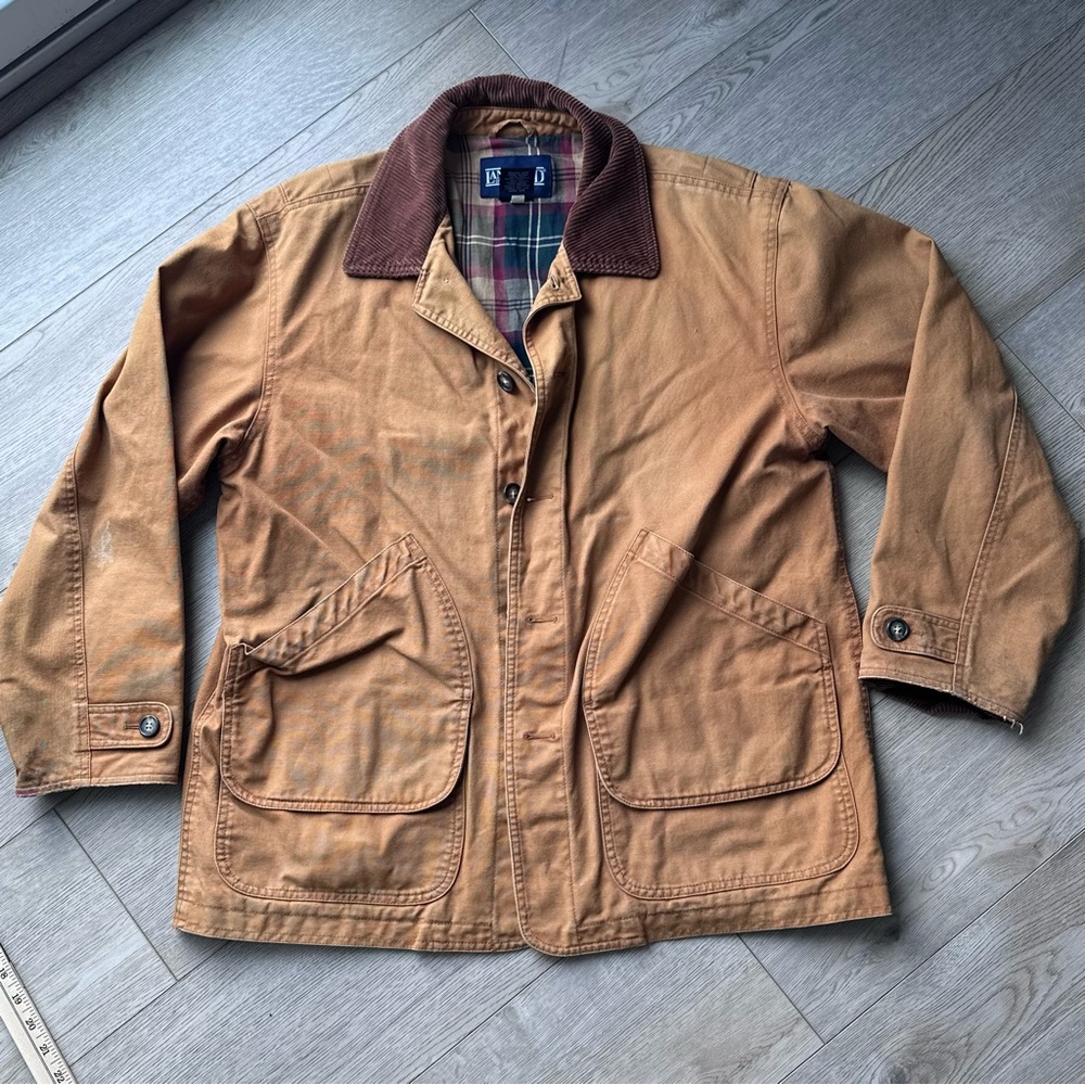 Lands' End Men's Tan Canvas Bomber Jacket with Brown Corduroy Collar